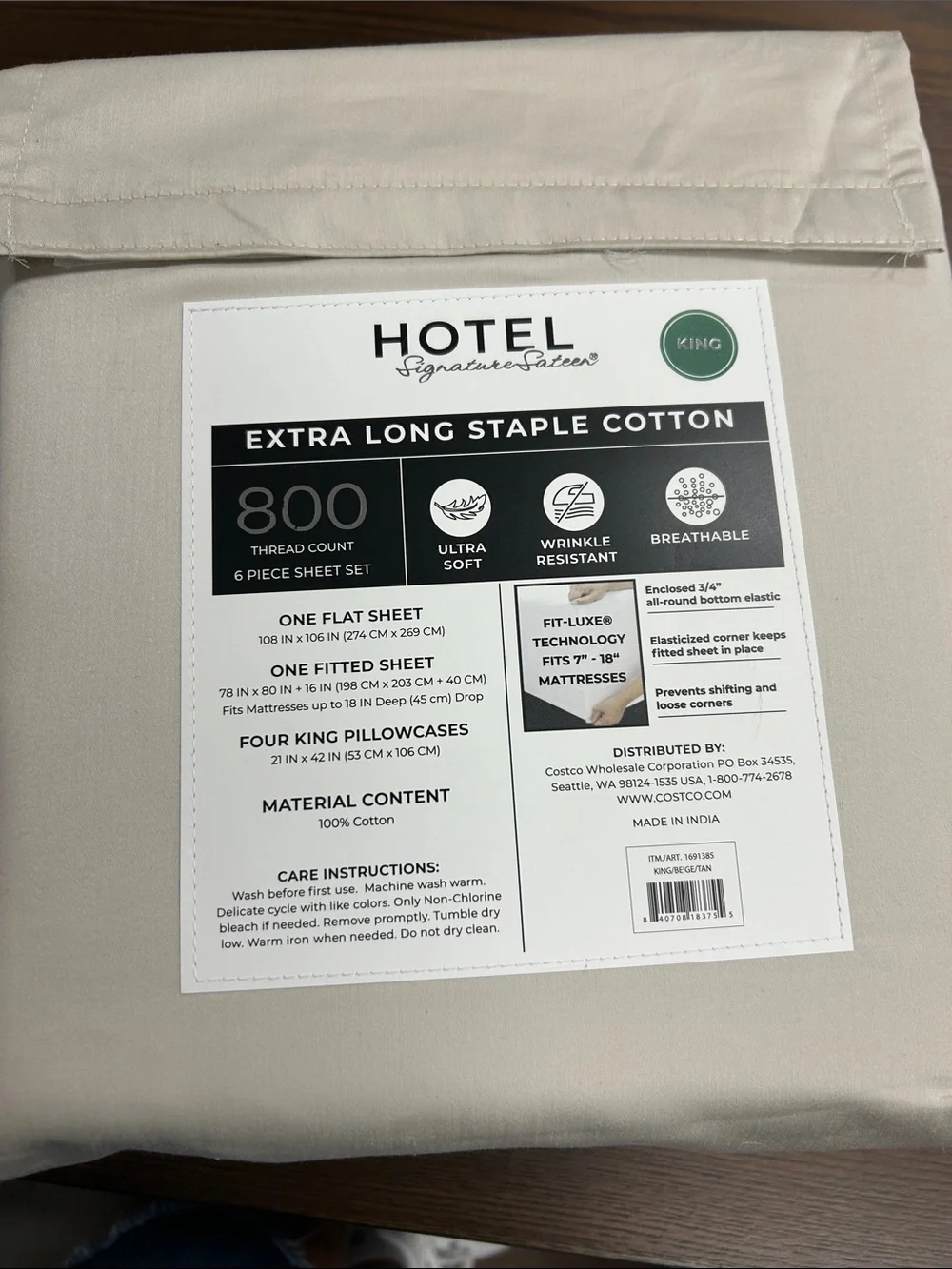 800 TC King Sheet Set in Light Beige